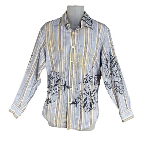 Tommy Bahama Mens L Indigo Palms Striped Front Back Graphic Button Up Shirt - Picture 5 of 15